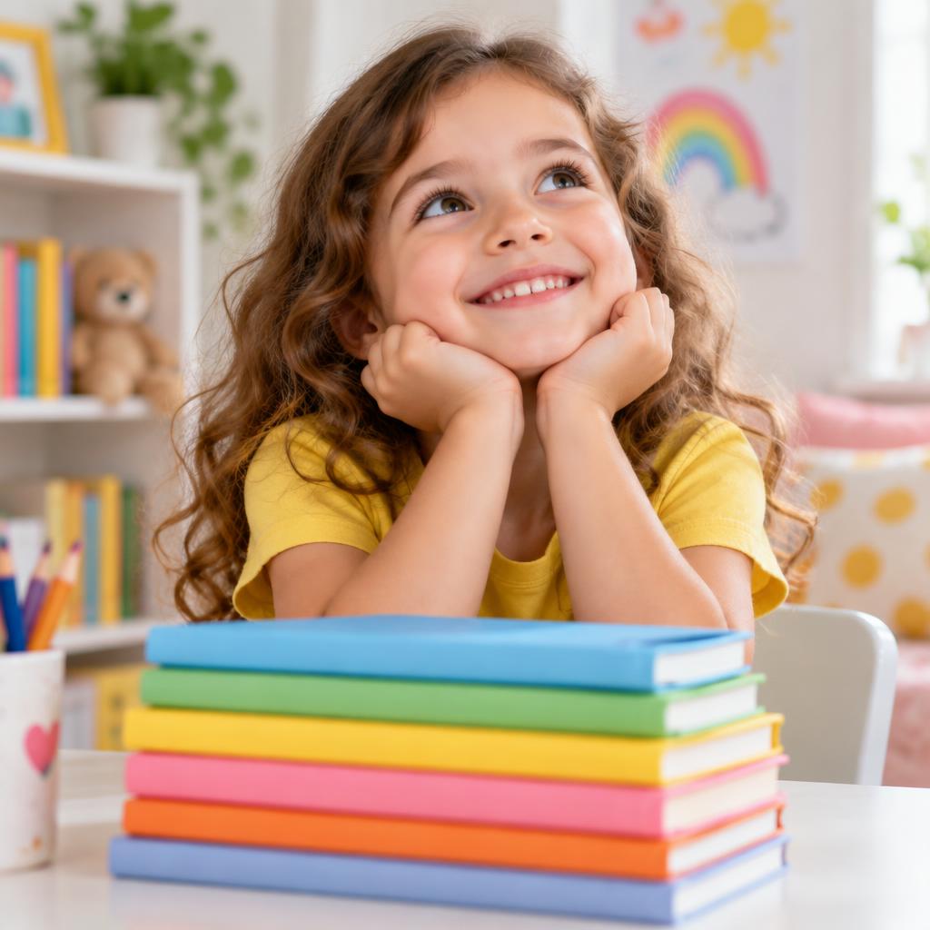 Happy child learning with colorful books